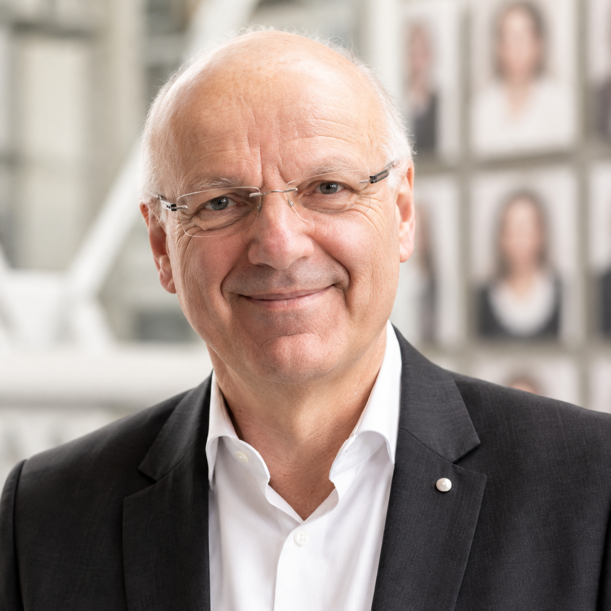 Älterer Mann mit Brille und Anzug lächelt in die Kamera, verschwommene Porträts im Hintergrund.